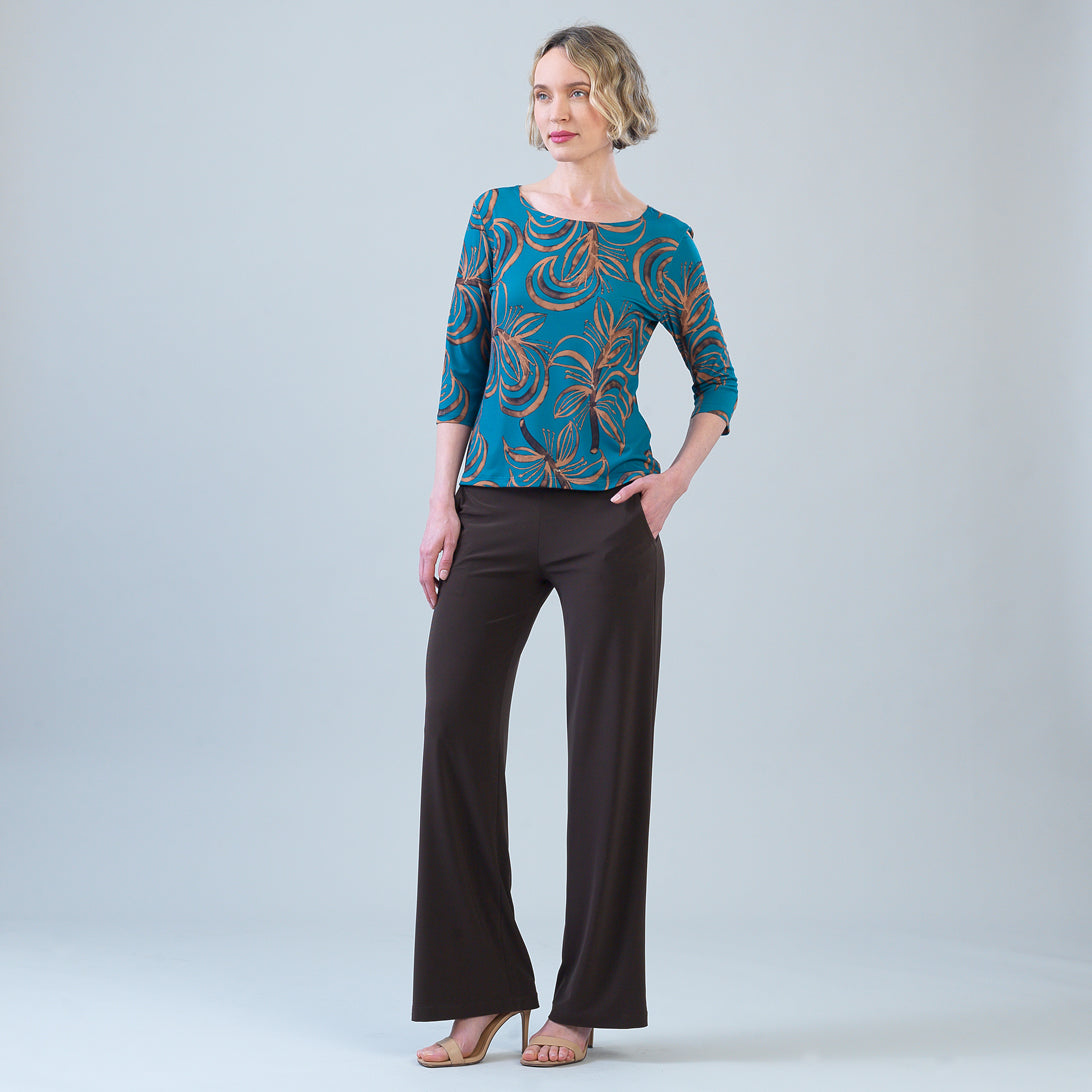 Clara Sunwoo fall leaves scoop neck top in turquoise and brown, front view
