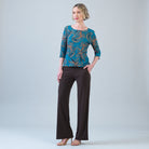 Clara Sunwoo fall leaves scoop neck top in turquoise and brown, front view