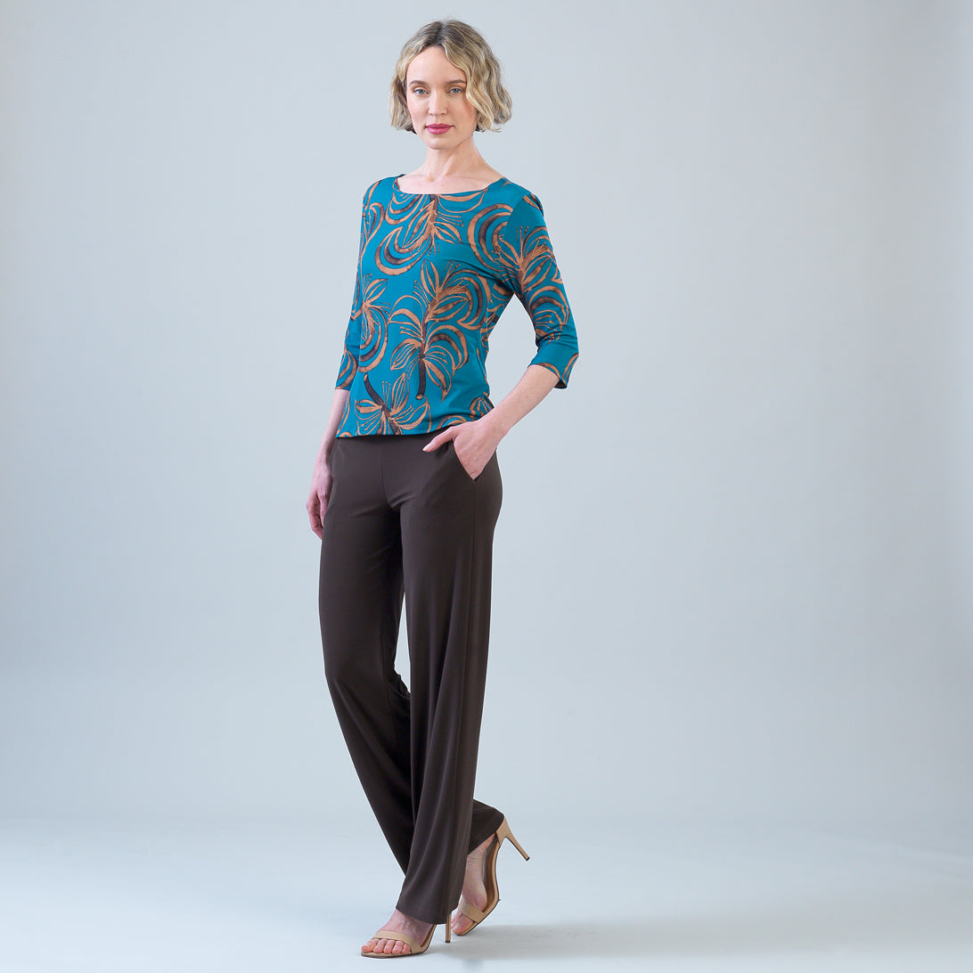 Side view of the Clara Sunwoo turquoise leaf print top
