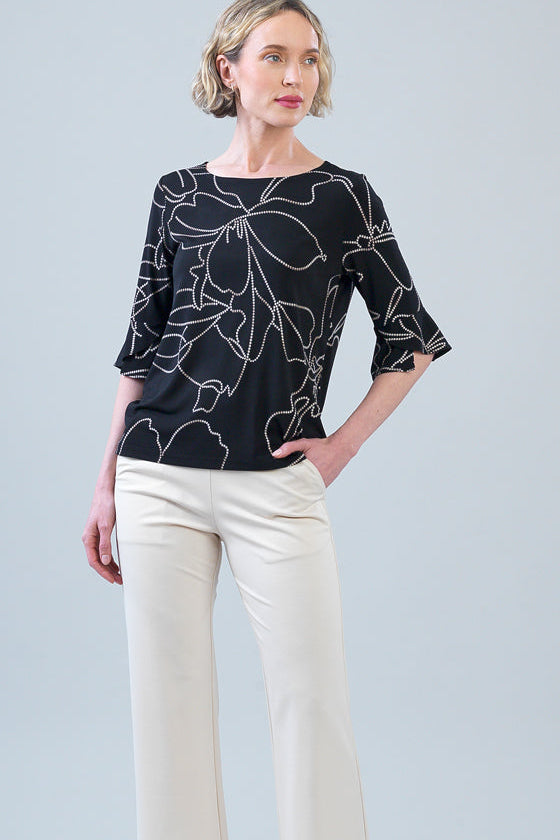 Clara Sunwoo Floral Foiled Soft Knit Top in black floral, front close-up view