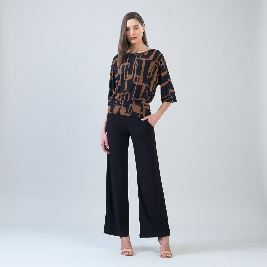 Clara Sunwoo geo print soft knit top in black and brown, front view