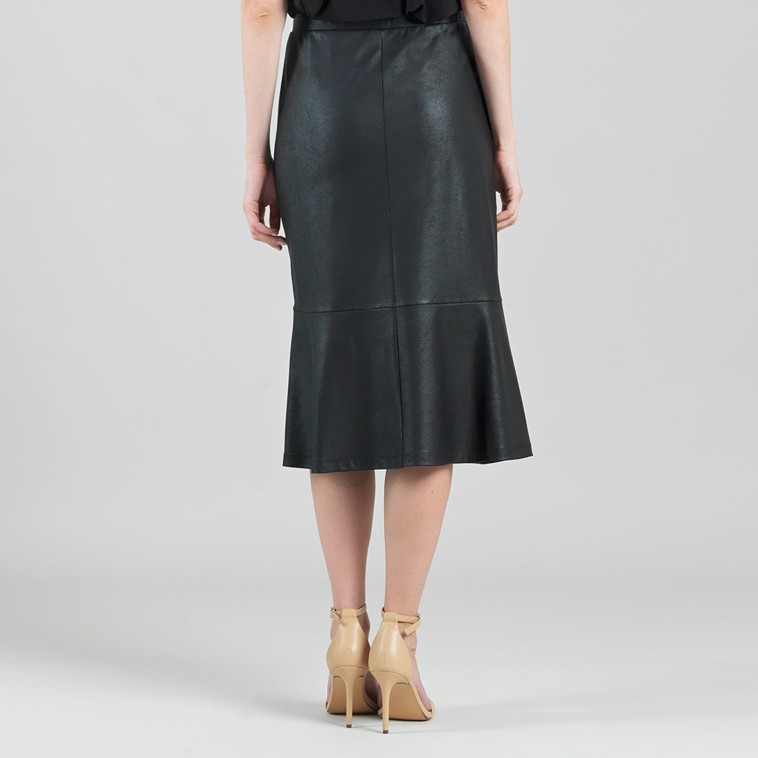 Back view of the Clara Sunwoo black Liquid Leather midi skirt