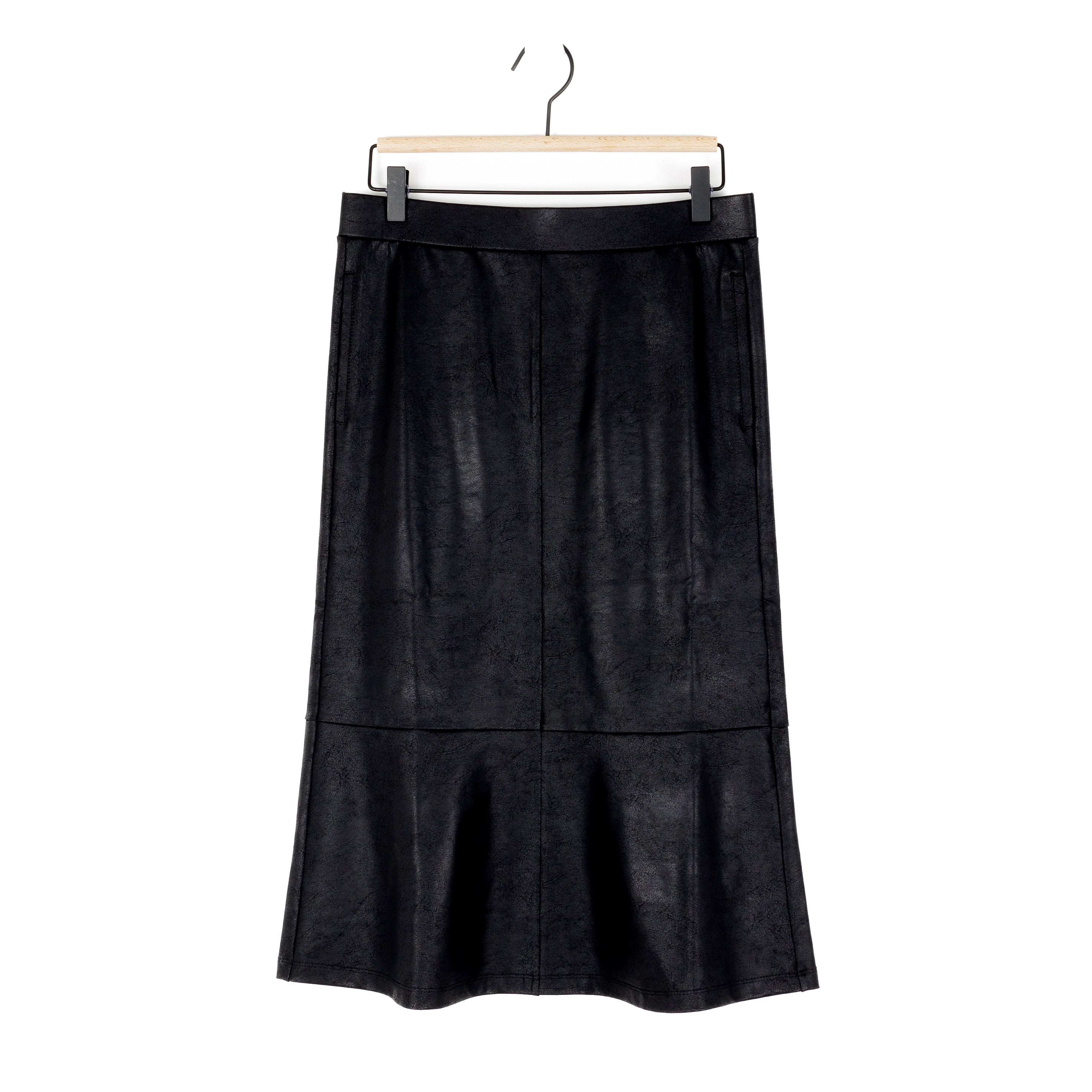Clara Sunwoo black Liquid Leather flounce midi skirt laid flat