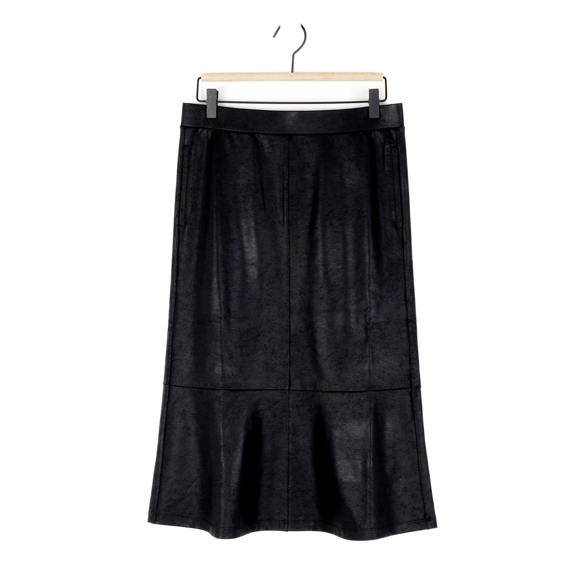Clara Sunwoo black Liquid Leather flounce midi skirt laid flat