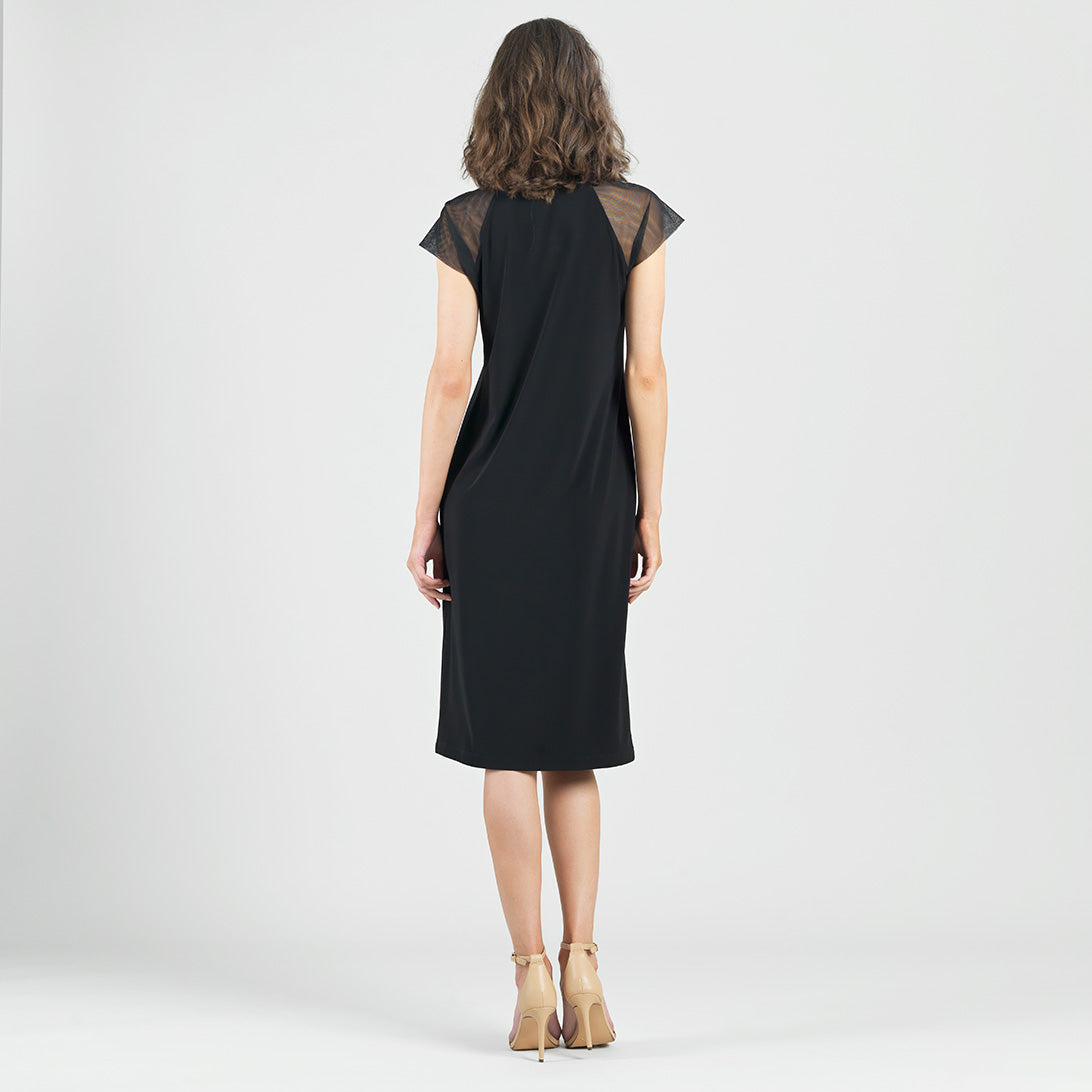 Back view of the Clara Sunwoo black mesh cap sleeve midi dress