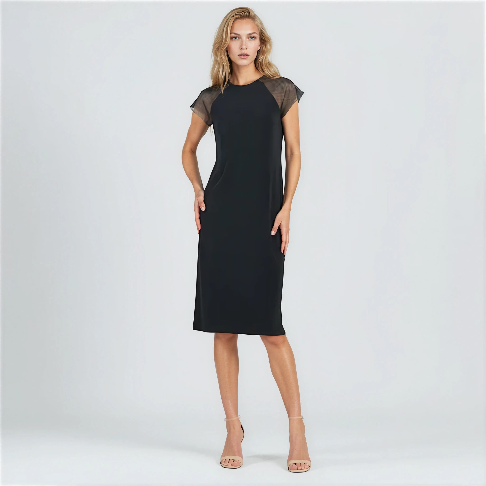 Clara Sunwoo mesh cap sleeve midi dress in black, front view