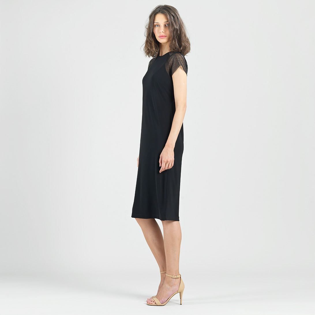Side view of the Clara Sunwoo black mesh cap sleeve midi dress