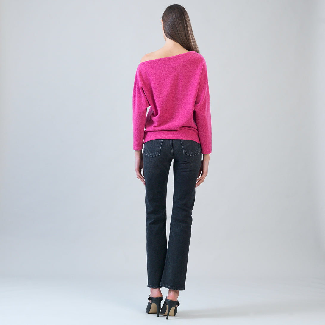 Back view of the Clara Sunwoo fuchsia plush angled neck sweater
