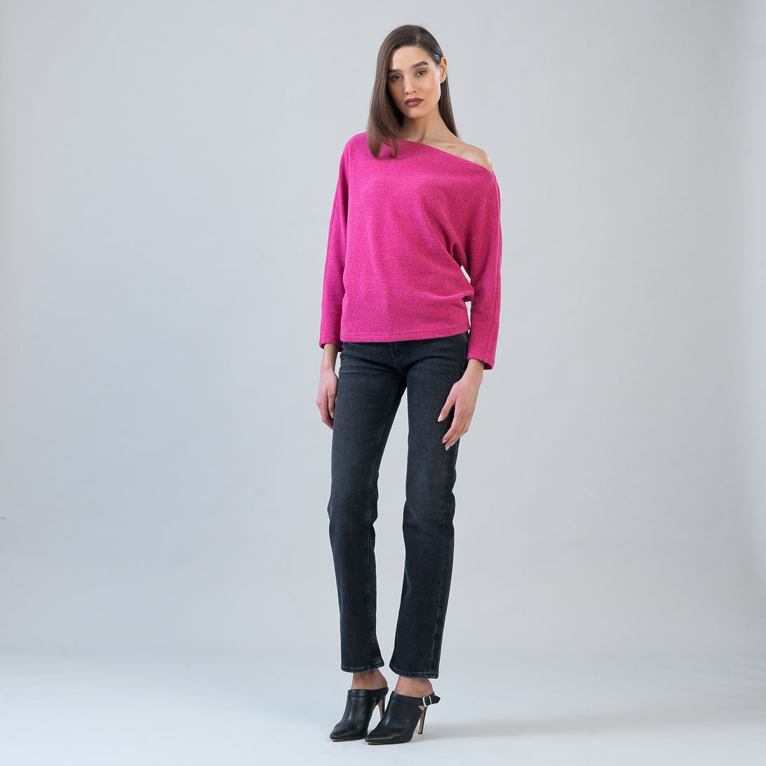 Clara Sunwoo plush angled neck sweater in fuchsia, front view
