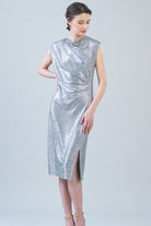 Clara Sunwoo Shimmer Dots Side Slit Midi Dress in silver, front close-up view