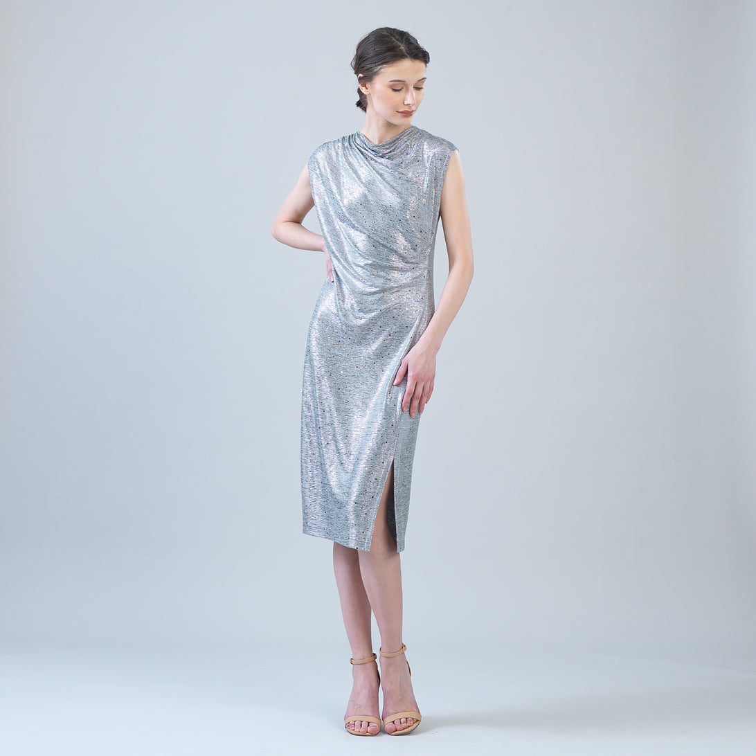 Clara Sunwoo shimmer dots side slit midi dress in silver, front view