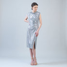 Clara Sunwoo shimmer dots side slit midi dress in silver, front view