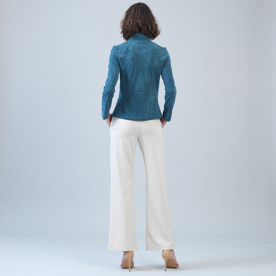 Back view of the Clara Sunwoo blue moss soft suede jacket