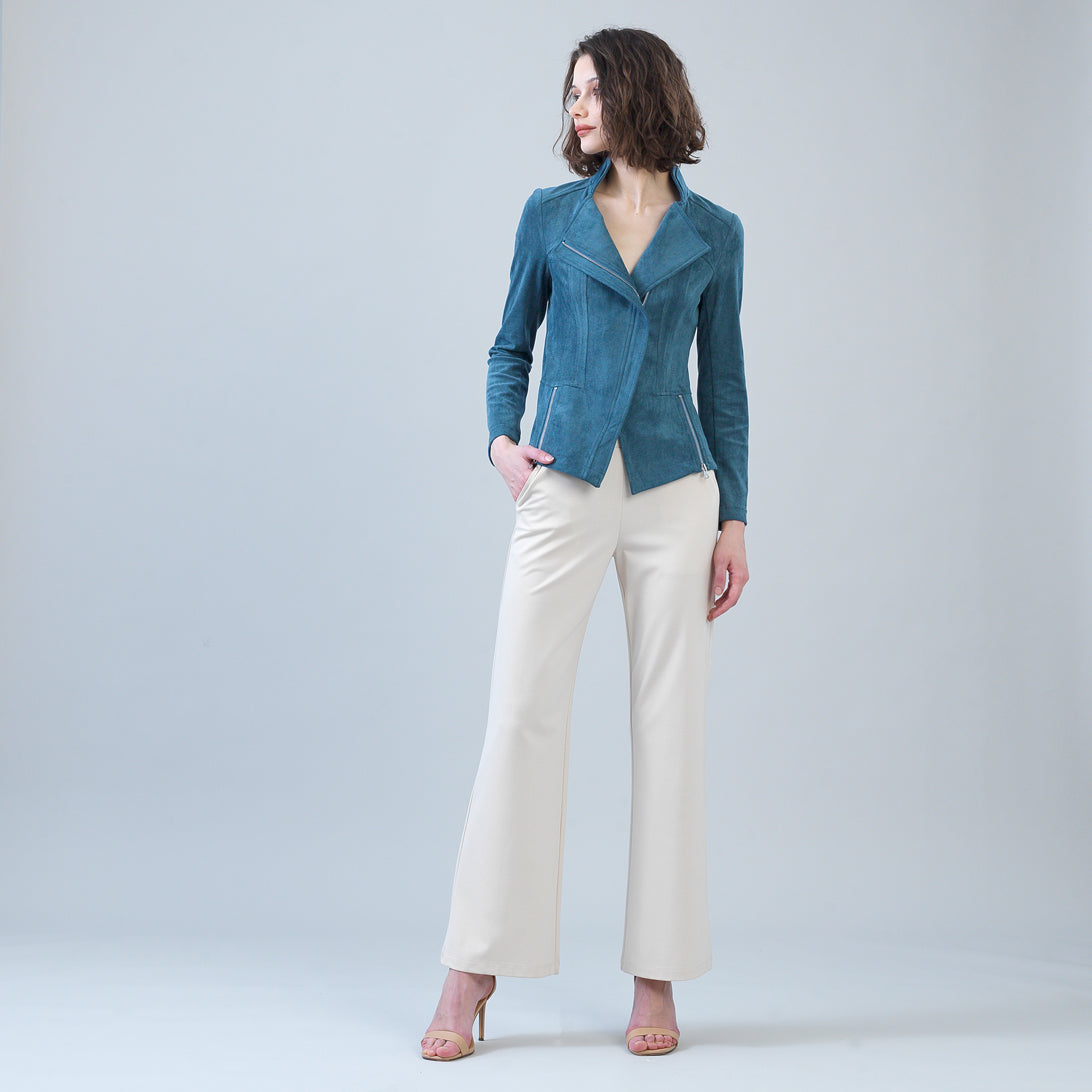 Clara Sunwoo soft suede signature jacket in blue moss, front view