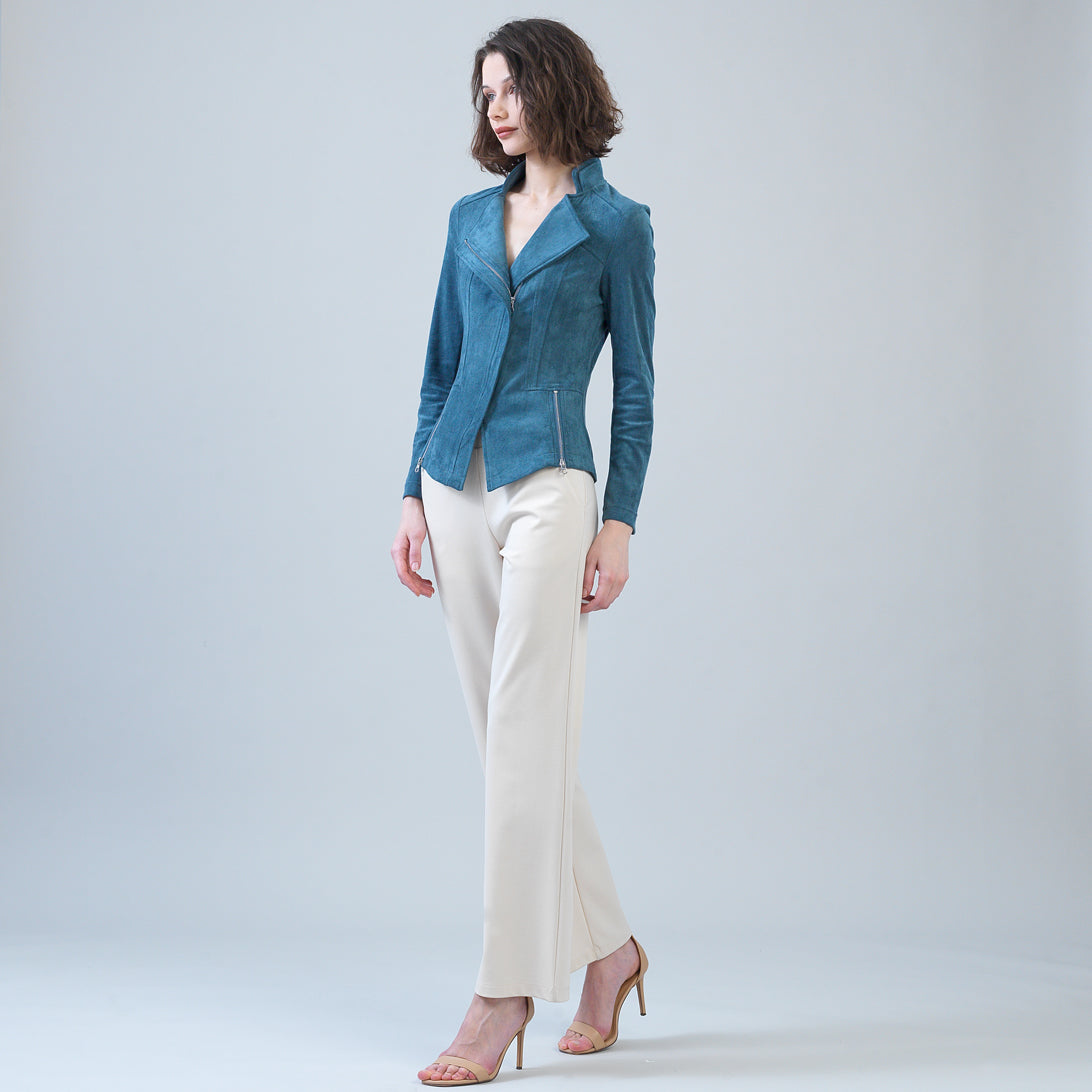 Side view of the Clara Sunwoo blue moss soft suede jacket