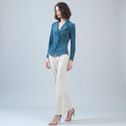 Side view of the Clara Sunwoo blue moss soft suede jacket