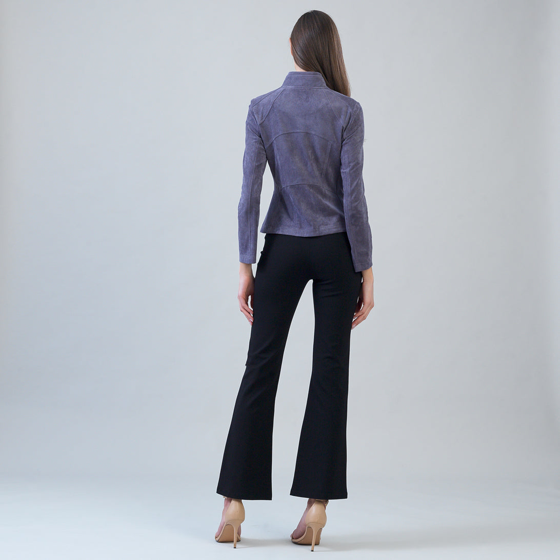 Back view of the Clara Sunwoo violet soft suede jacket showing stitch detailing