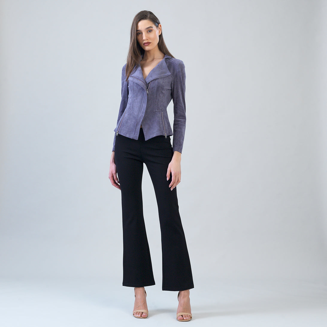 Clara Sunwoo soft suede signature jacket in violet, front view with asymmetrical silver zip