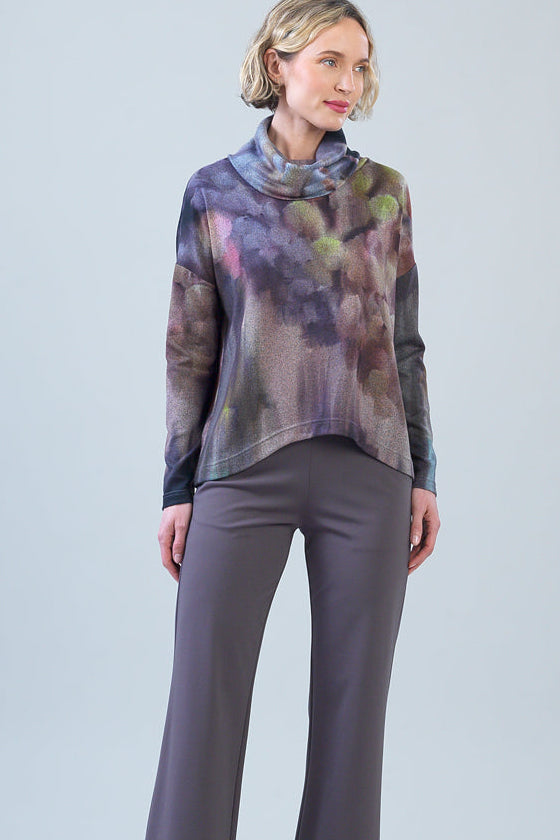Clara Sunwoo Watercolor Cowl Neck Tipped Hem Sweater in watercolor print, front close-up view