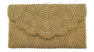 A gold beaded clutch purse with a scalloped, fan-like beaded pattern and a matching envelope-style flap, shown against a plain white background.