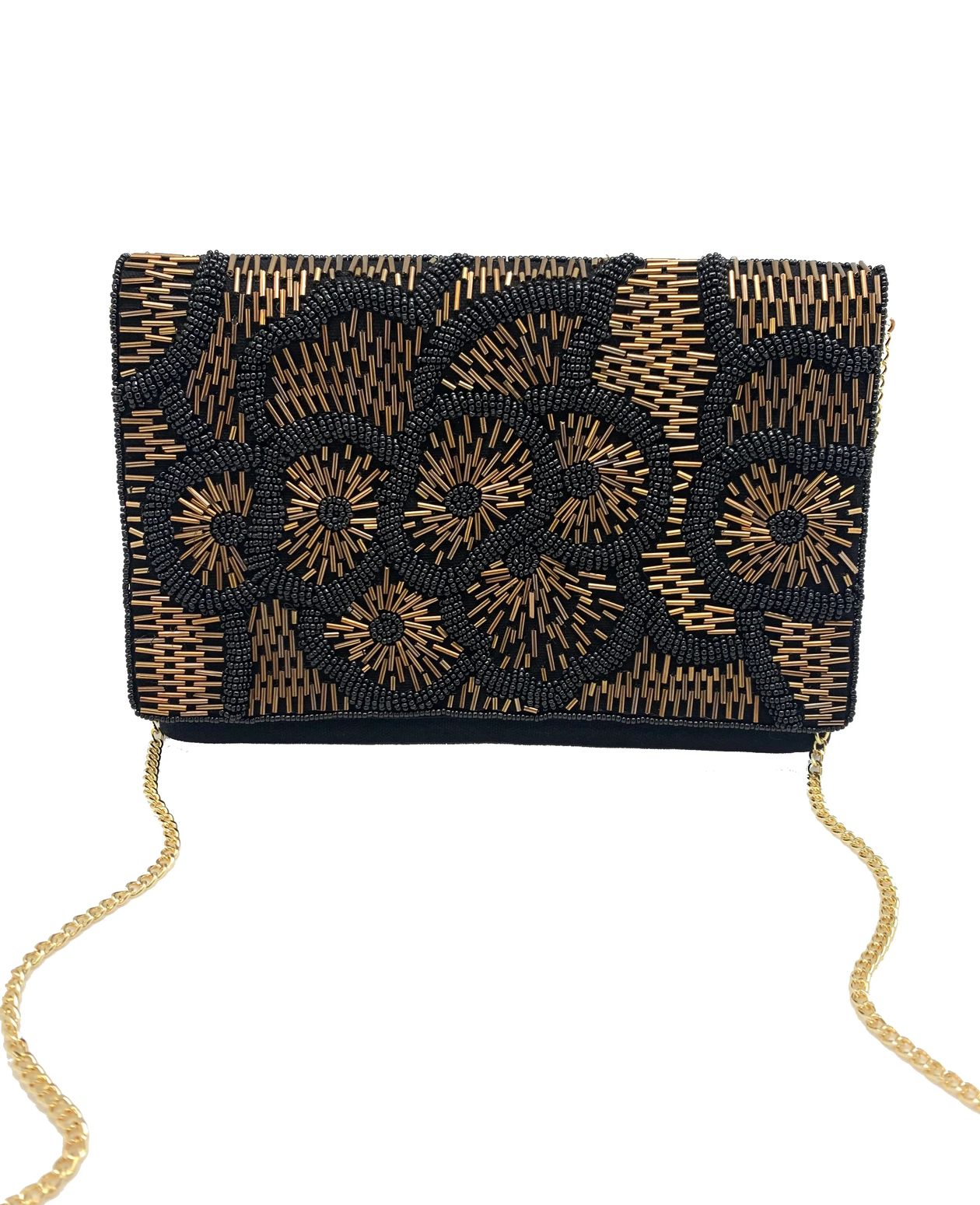 A black and gold beaded clutch bag with a geometric and floral pattern, featuring a gold chain strap, shown against a plain white background.