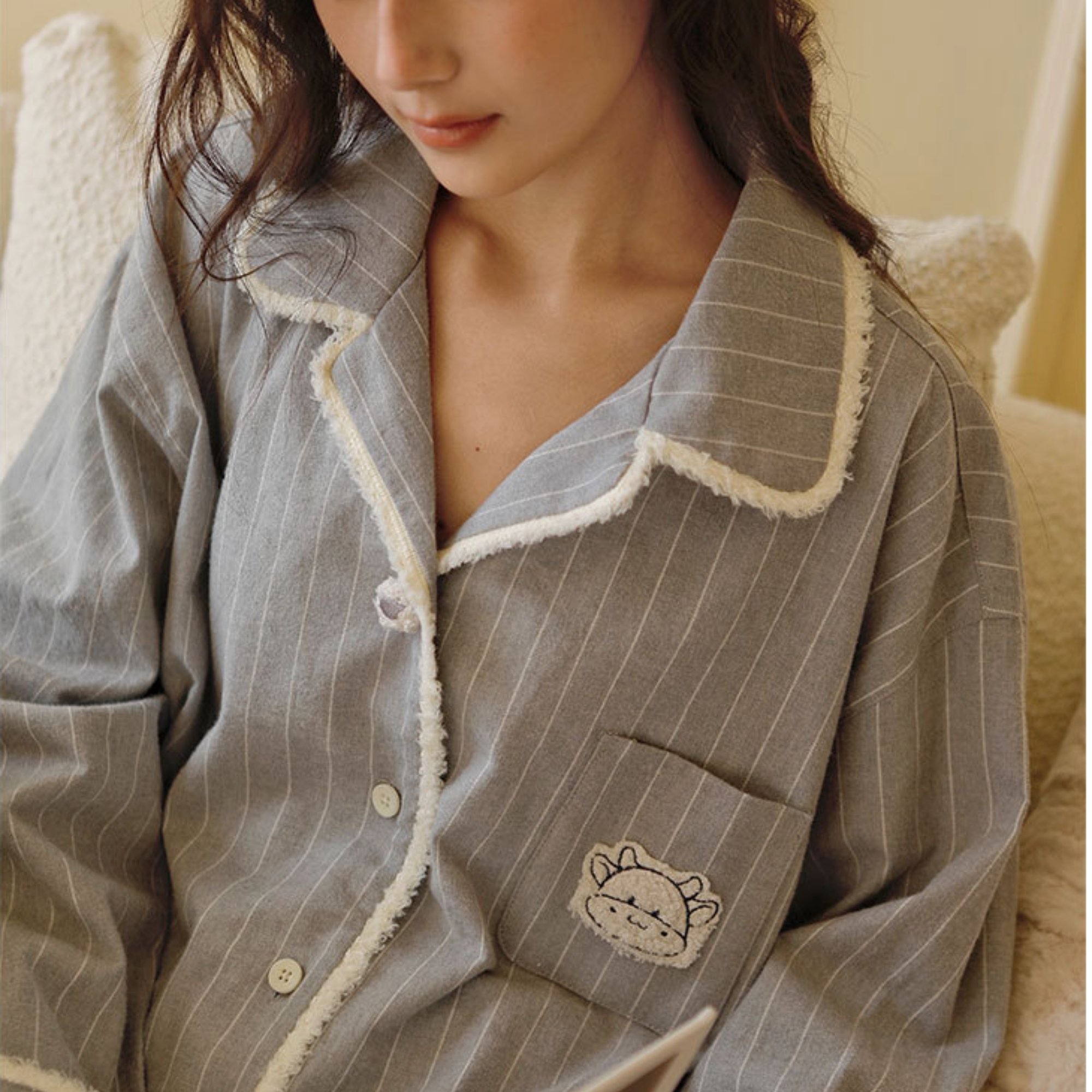 Grey flannel pajama top with contrast piped collar