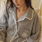 Grey flannel pajama top with contrast piped collar