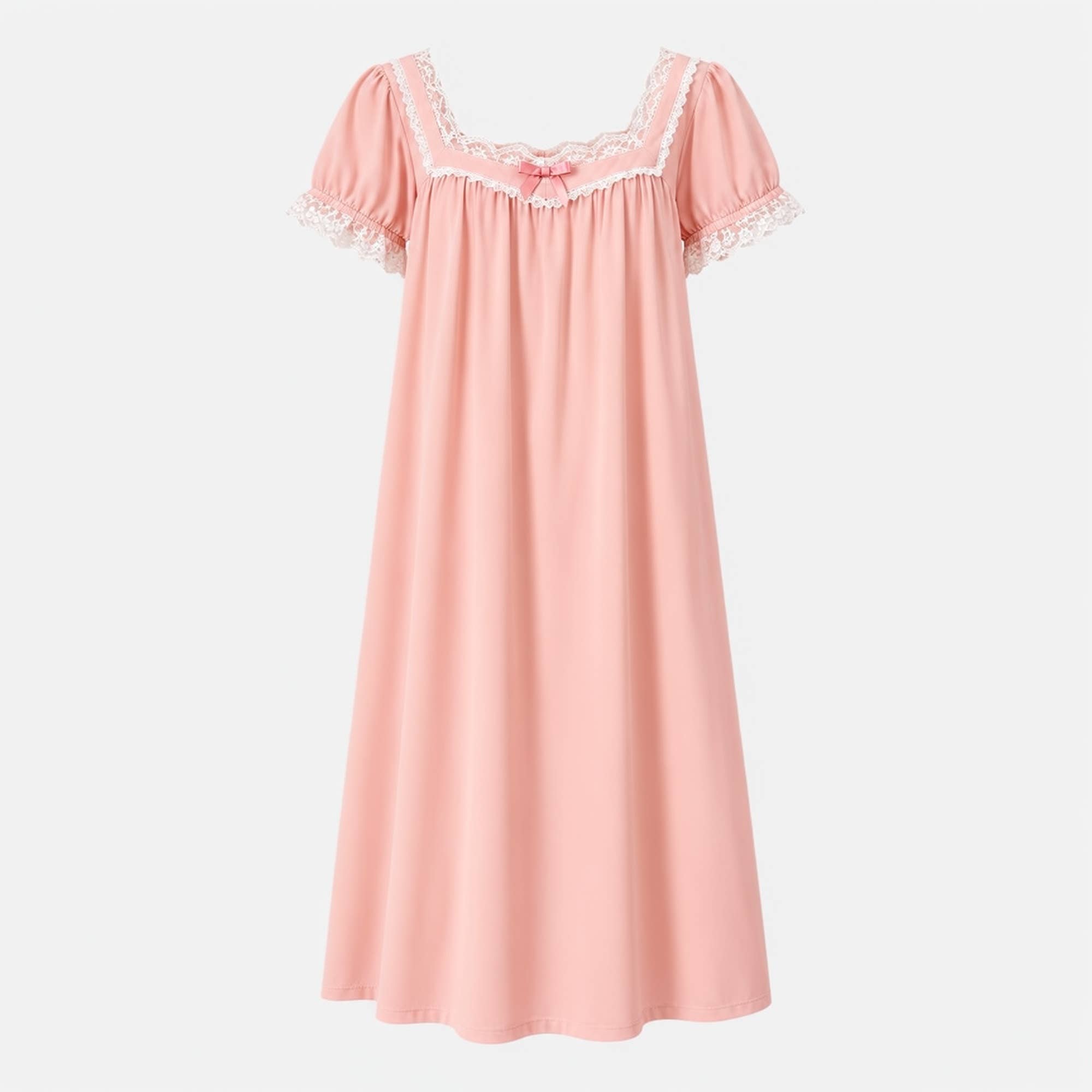 Pink cotton lace trim nightgown with short puff sleeves, front view