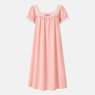 Pink cotton lace trim nightgown with short puff sleeves, front view