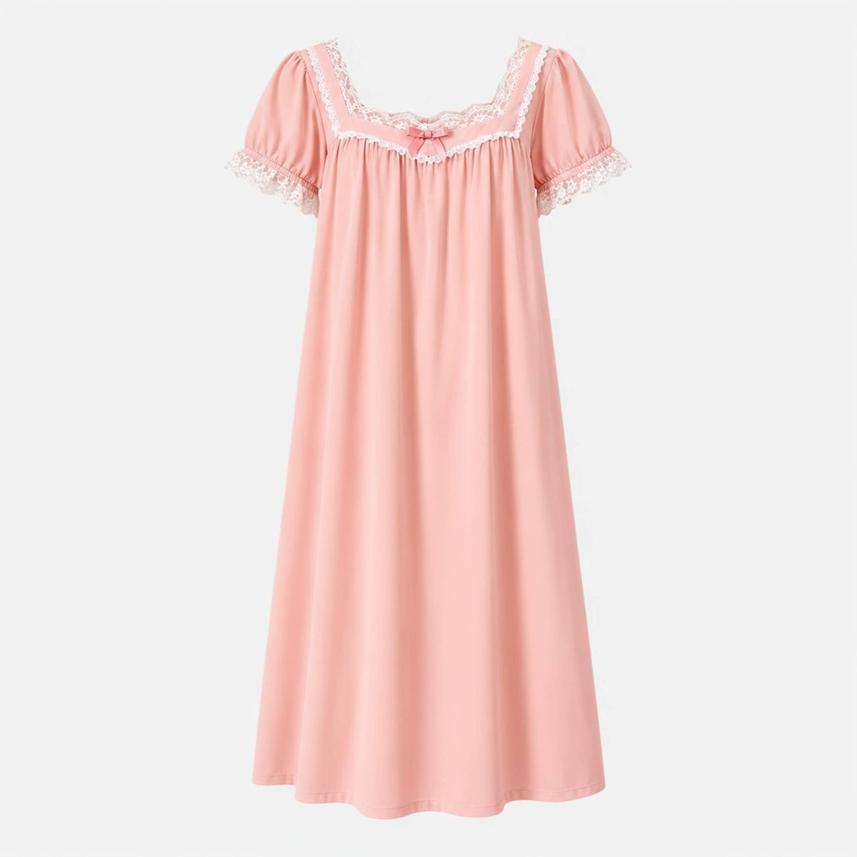 Pink cotton lace trim nightgown with short puff sleeves, front view