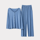 Foggy blue modal button top and wide-leg pants laid flat