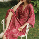 Berry red floral satin sleep dress with V-neck and wide sleeves