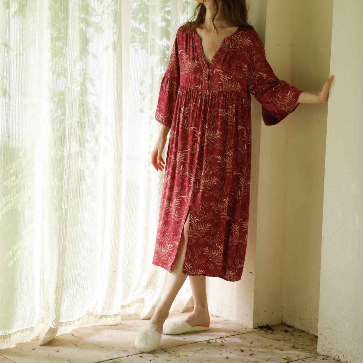 Full-length view of the red floral satin sleep dress