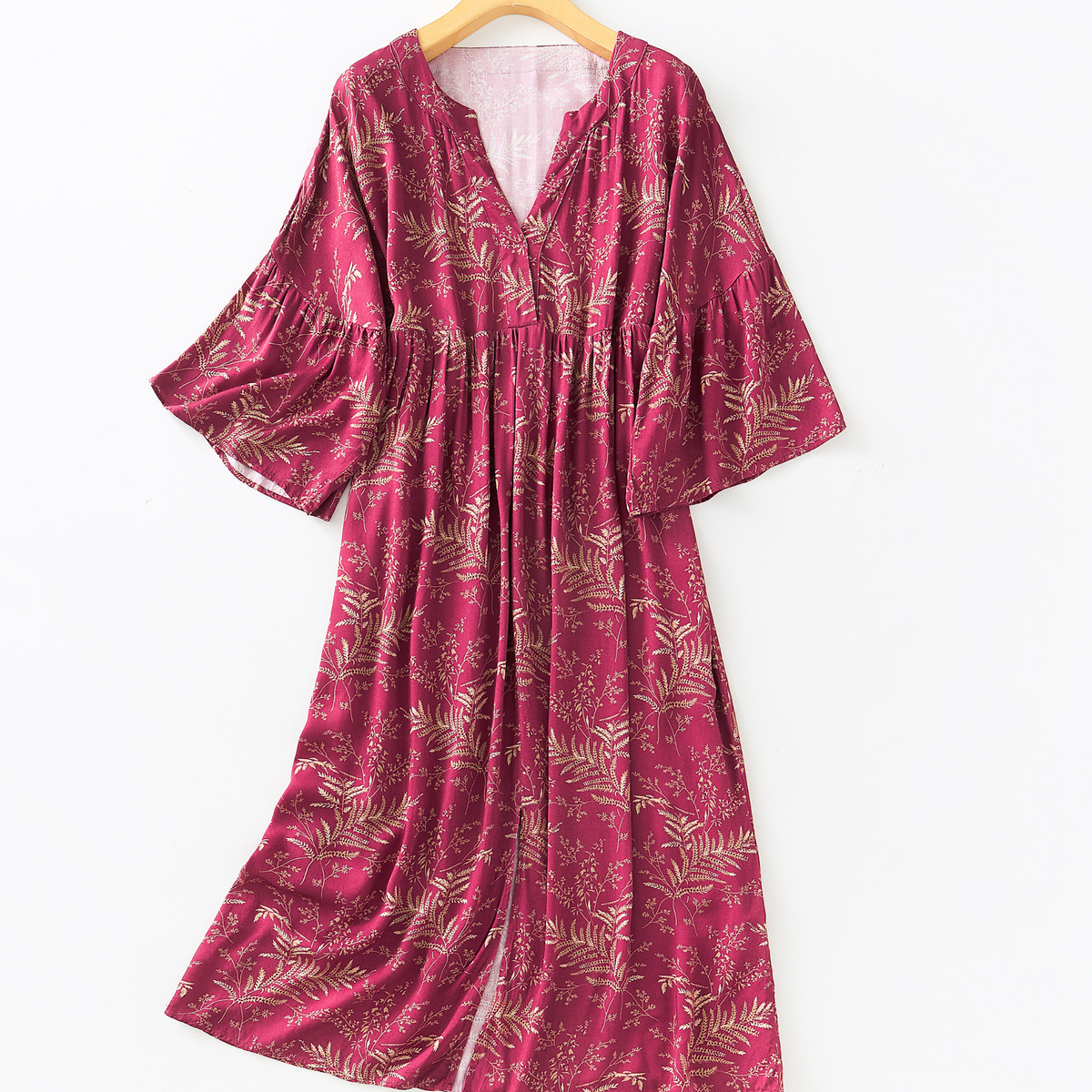 Red botanical print satin sleep dress on a hanger