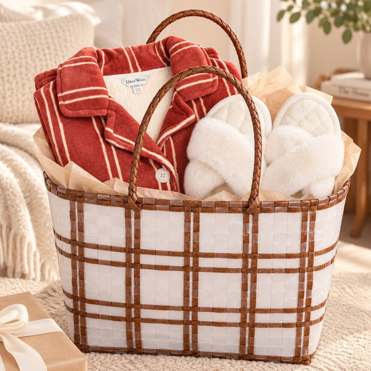 DrifWoo red stripe holiday pajamas and ivory fluffy slippers packed in a woven plaid gift tote