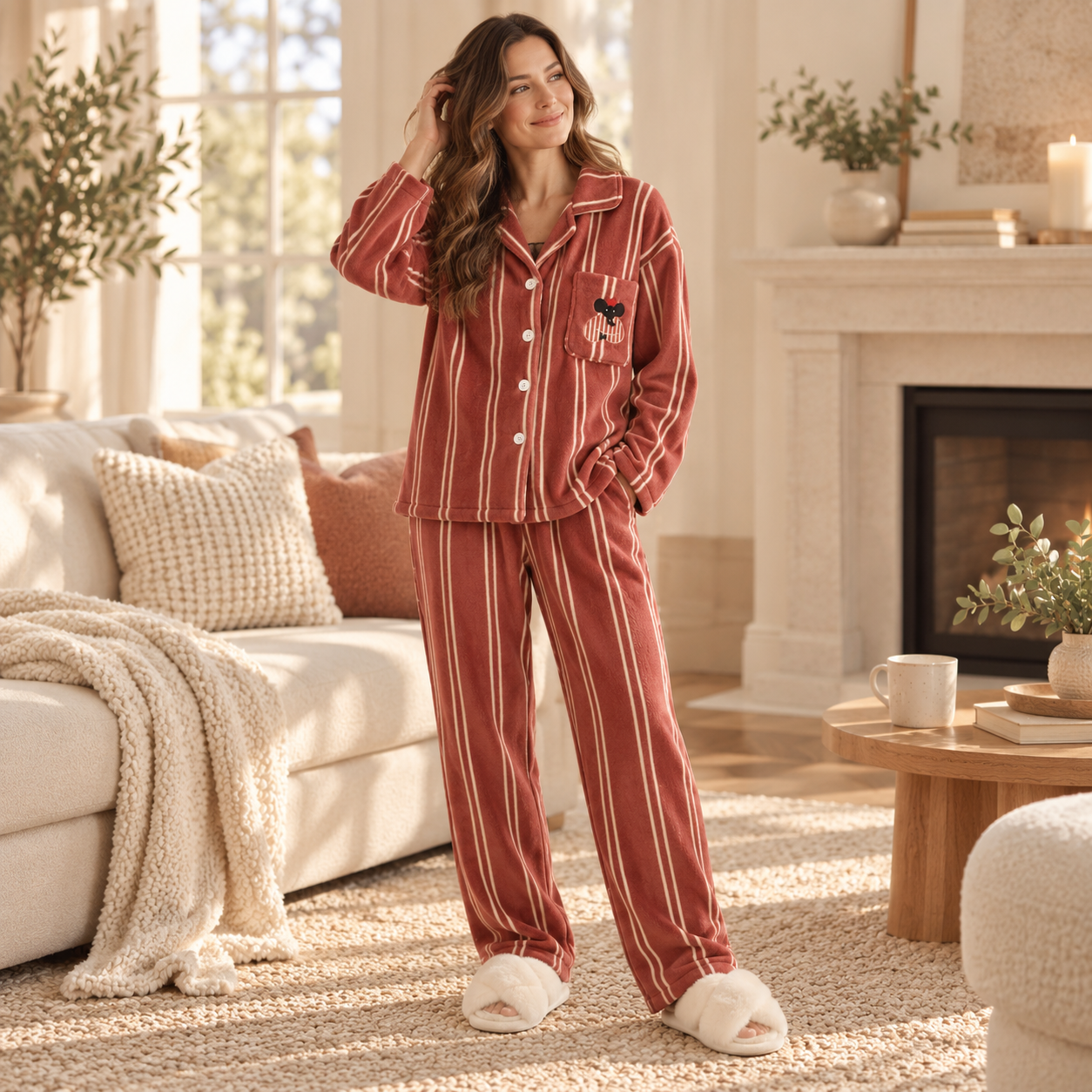 Woman standing in a cozy living room wearing DrifWoo red stripe holiday pajamas and ivory slippers