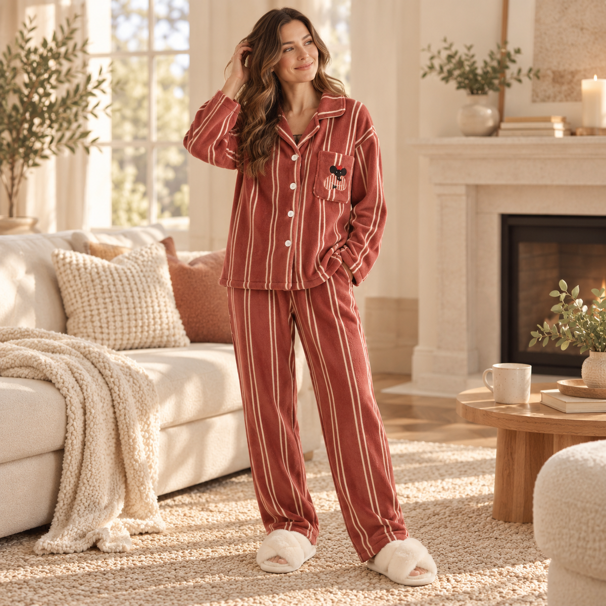 Woman standing in a cozy living room wearing DrifWoo red stripe holiday pajamas and ivory slippers
