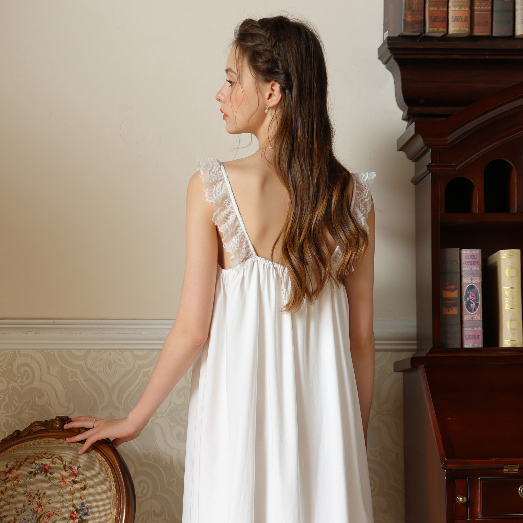 Back view of the white lace strap nightgown