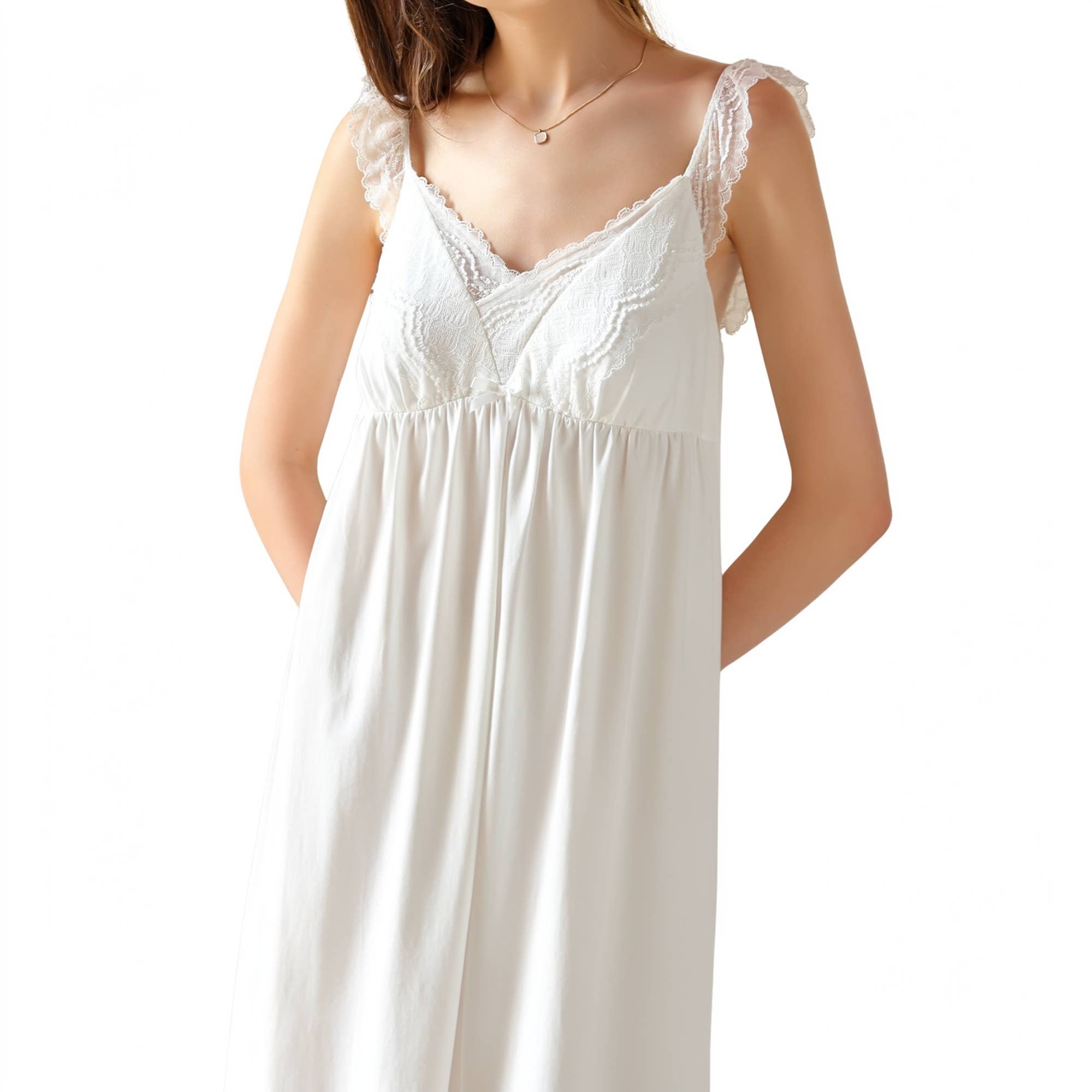 White lace strap nightgown with built-in bra, front view