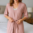 Dusty rose viscose robe worn over the matching lace trim slip
