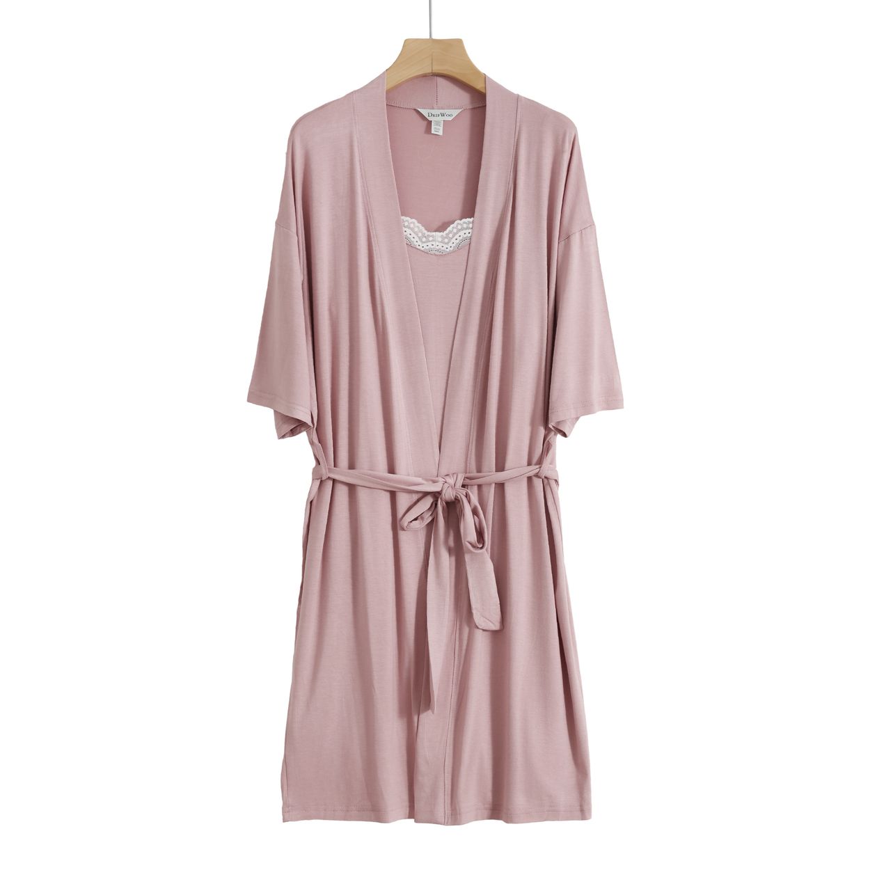 Dusty rose lace trim robe and slip set, product photo