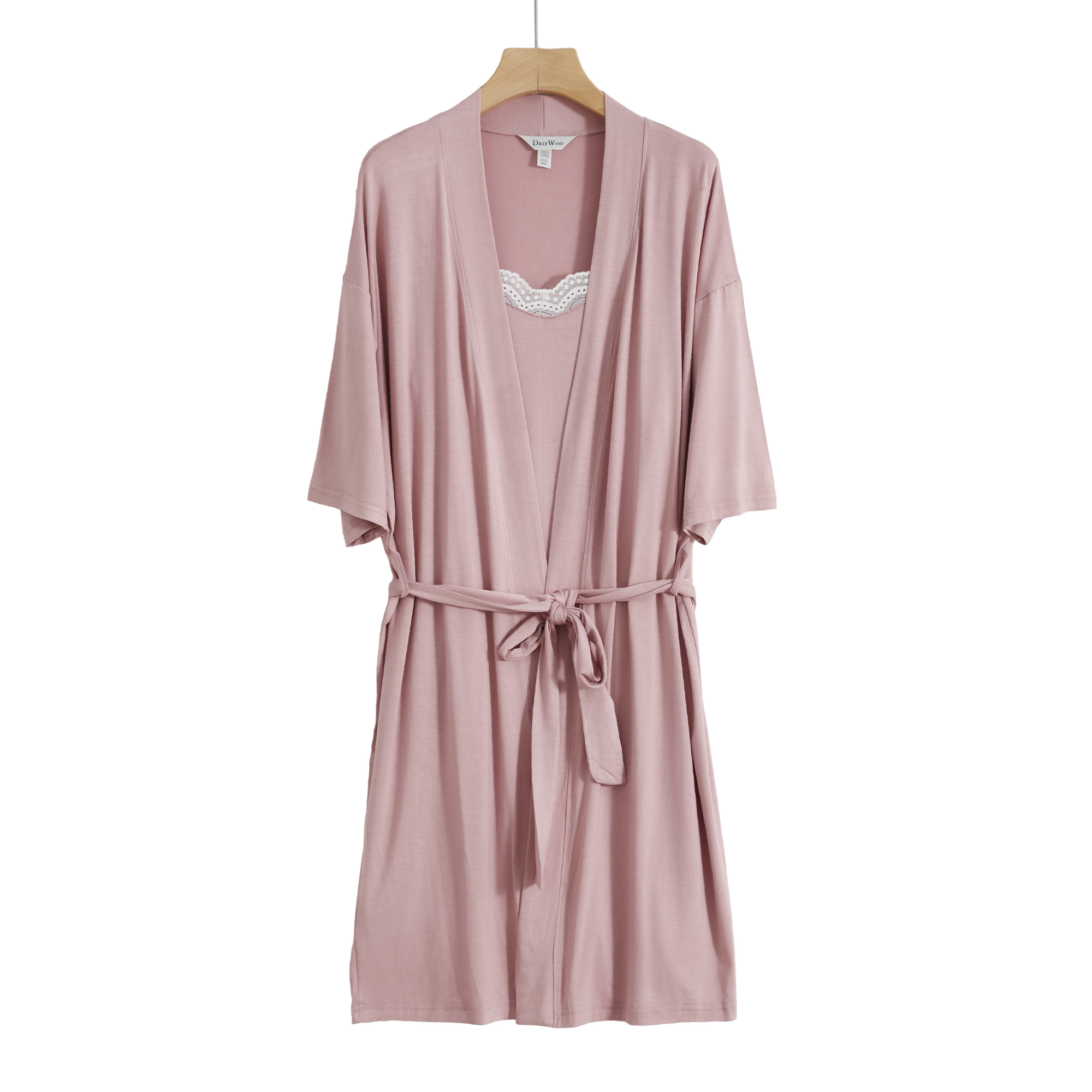 Dusty rose viscose robe with tie waist on a hanger
