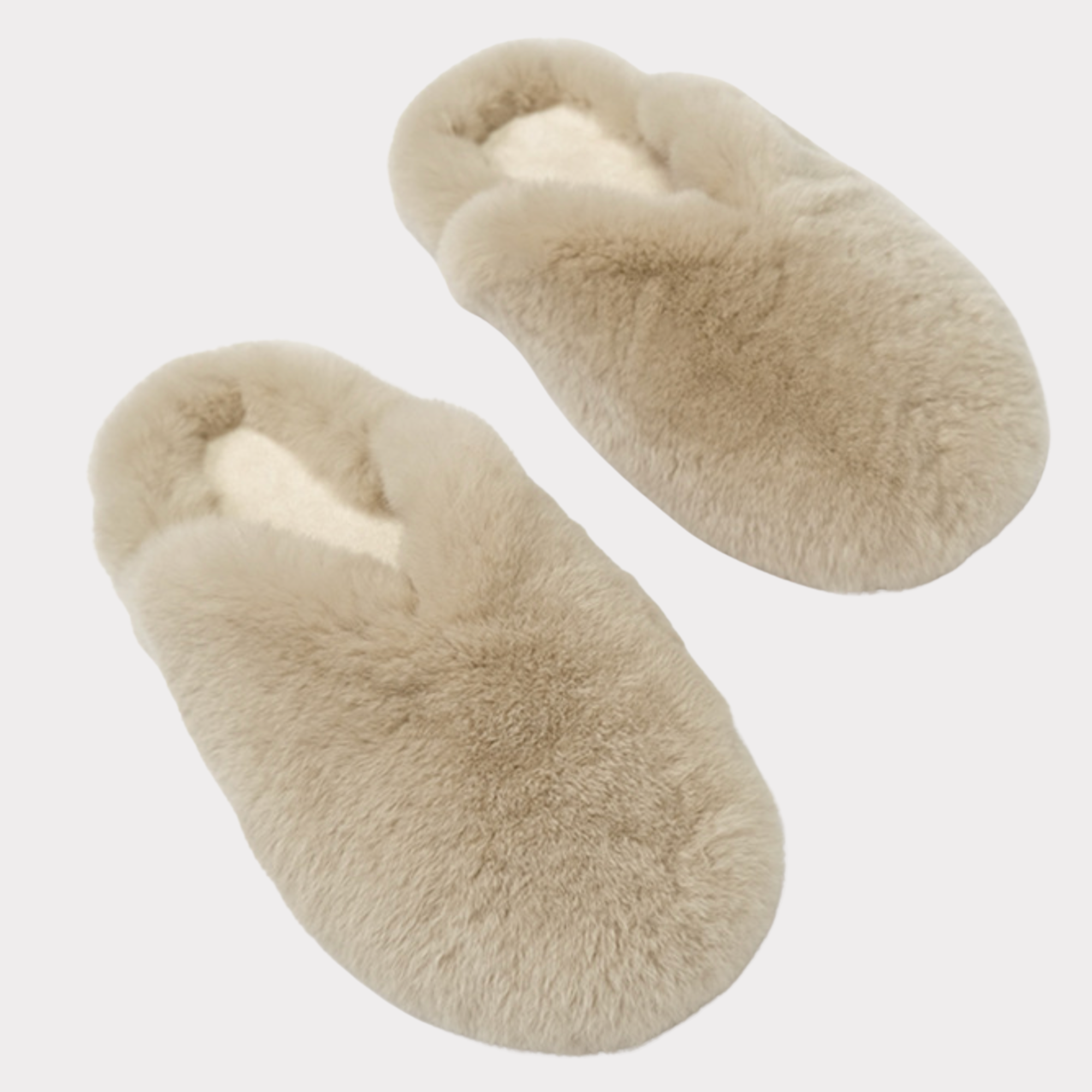 Beige plush rabbit fur closed-toe slippers, pair
