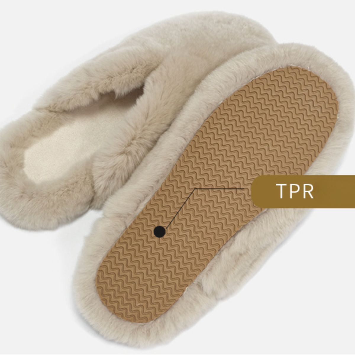TPR outsole of the beige rabbit fur slippers