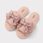 Rose pink plush slide slippers with oversized satin bows