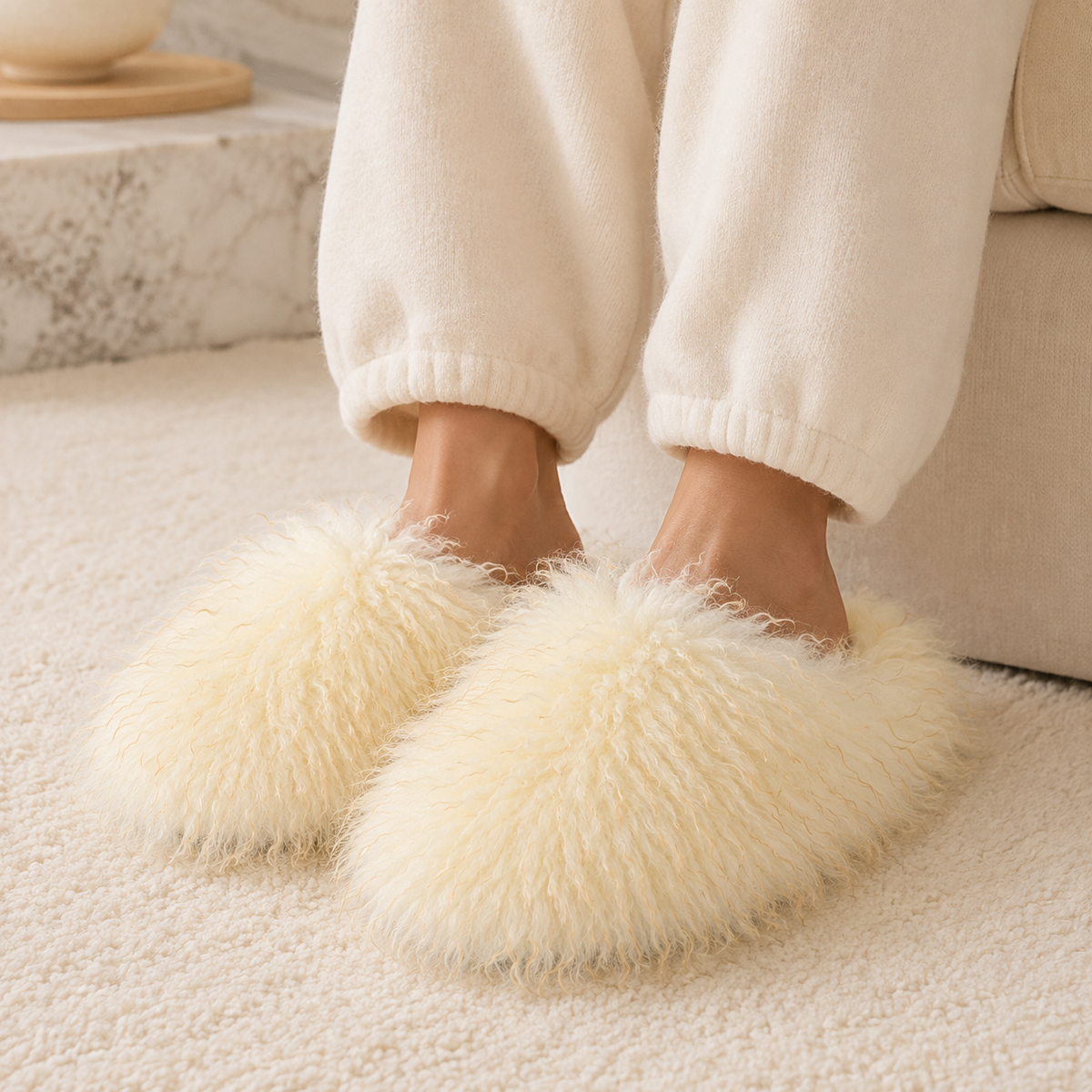 Ivory shaggy faux fur slippers worn with cream loungewear