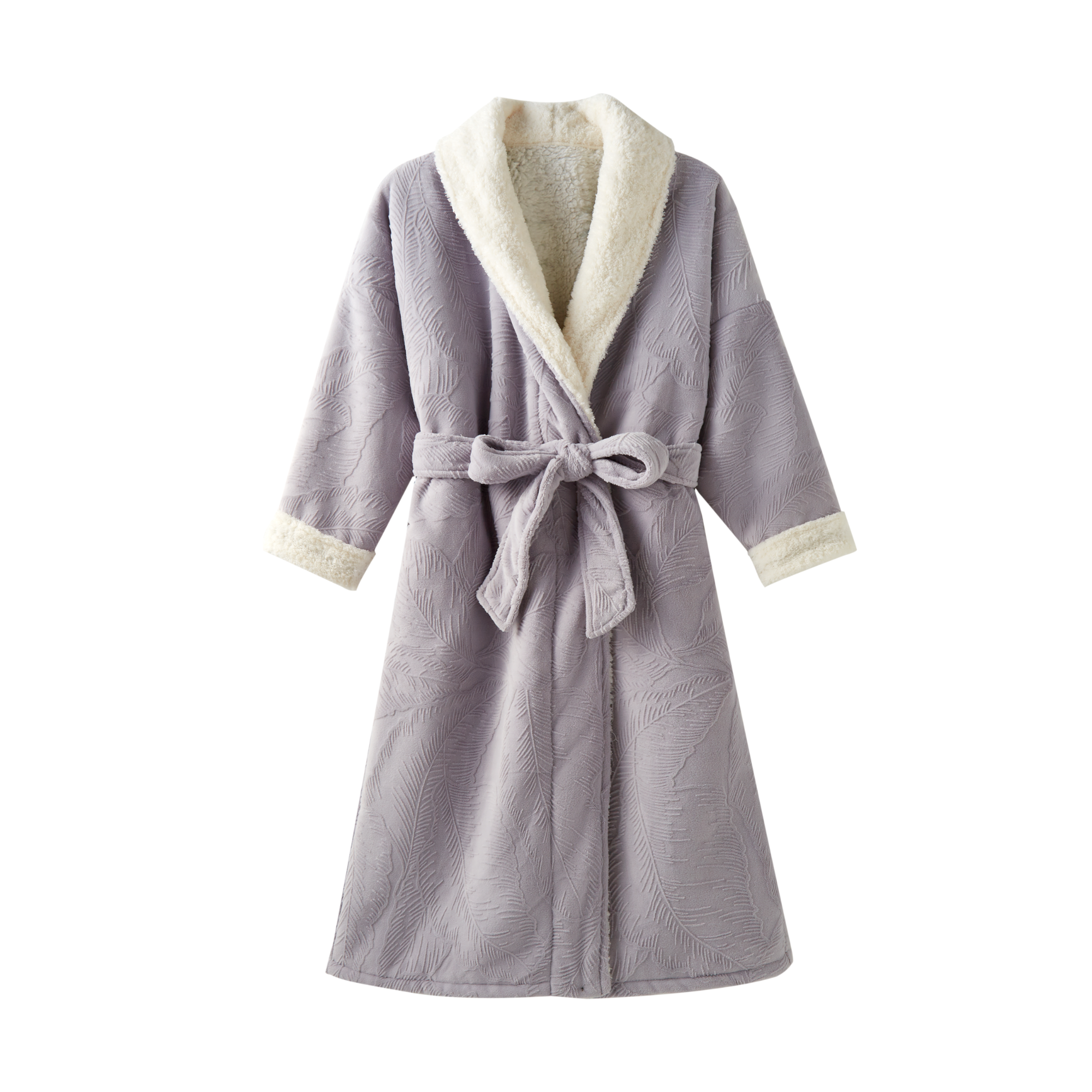 Lavender plush winter robe with ivory sherpa shawl collar and tie belt
