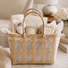 Beige woven tote filled as a gift basket