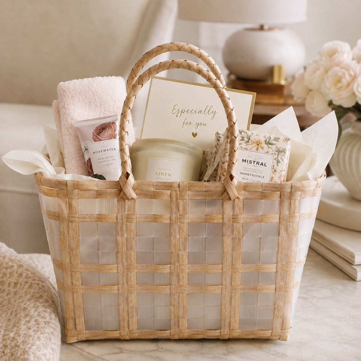 Beige woven tote filled as a gift basket
