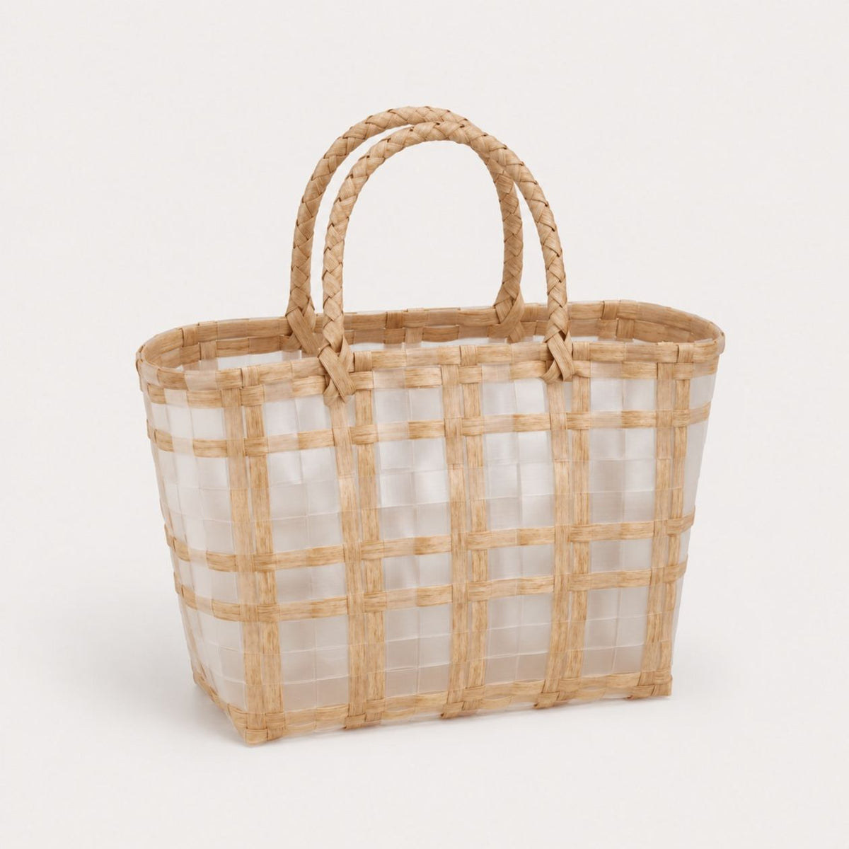 Small beige woven market tote, product photo